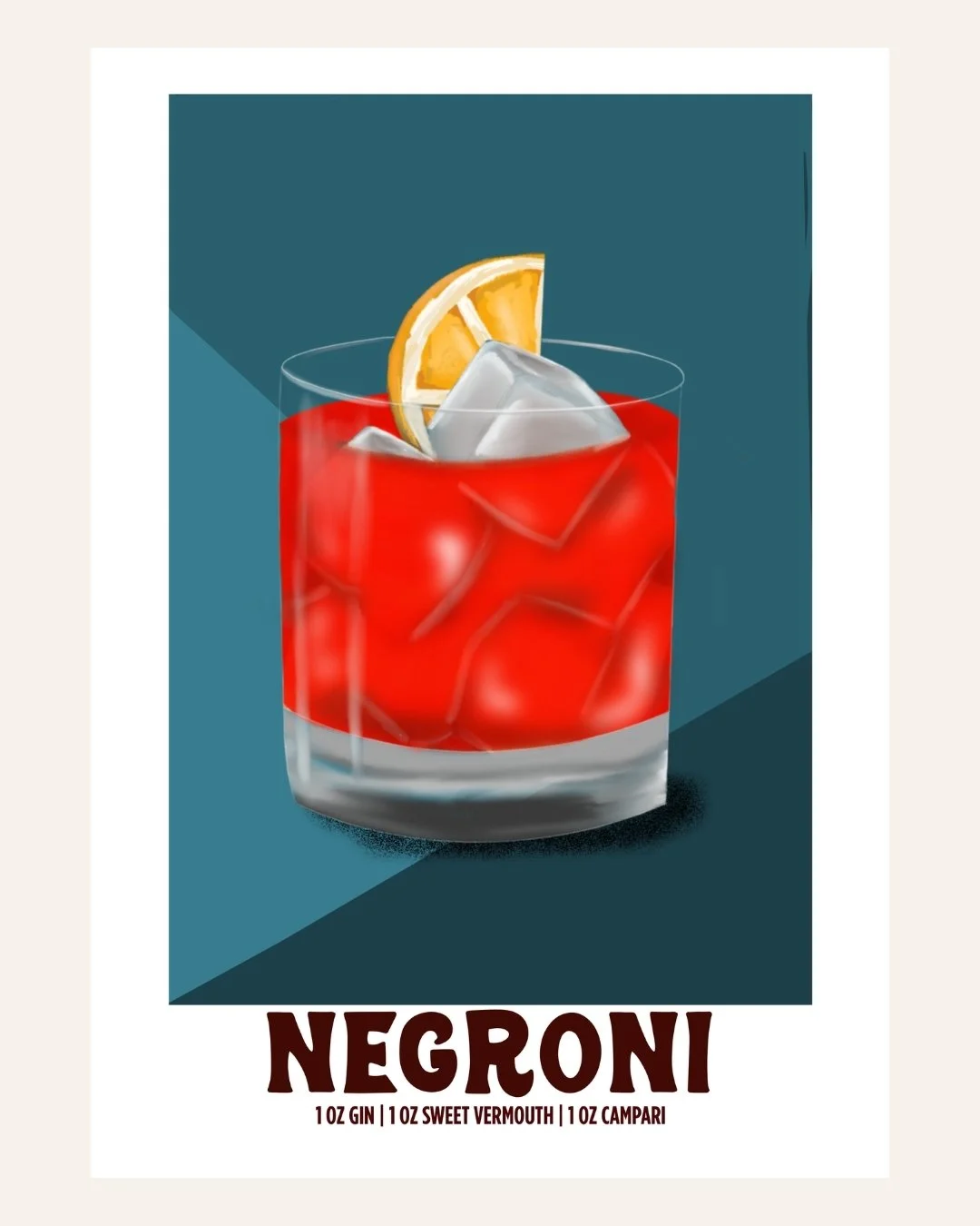Negroni cocktail poster illustration with recipe, teal background