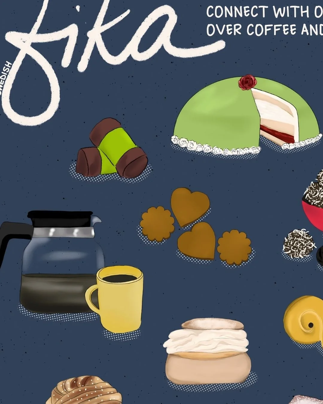 Close-up of the hand-illustrated fika pastries