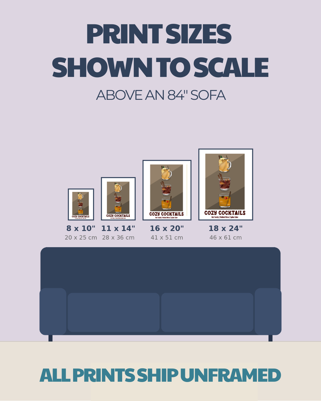 Size comparison chart for cocktail prints: 8x10, 11x14, 16x20, 18x24