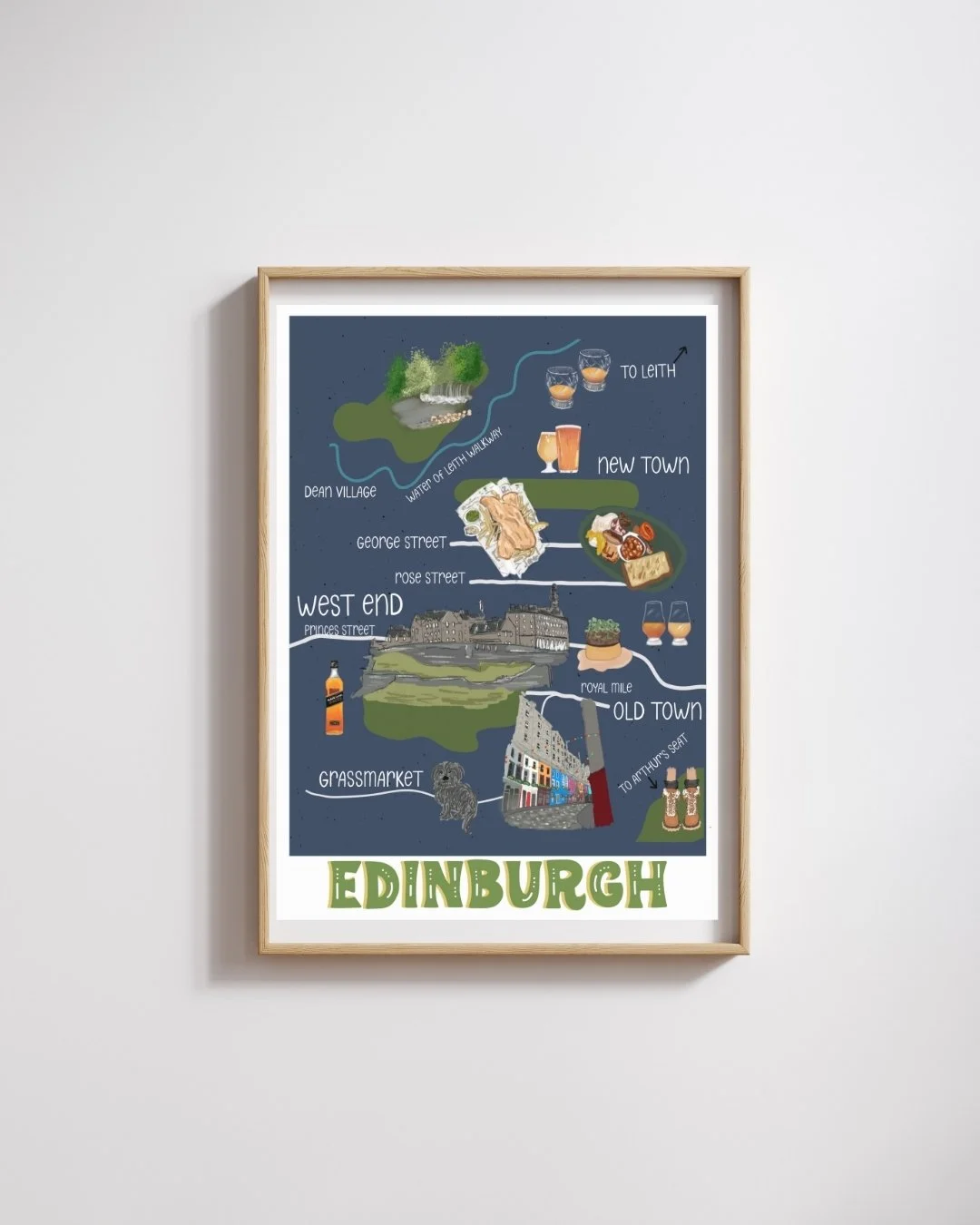 Framed Edinburgh illustrated map print by Denim & Ink