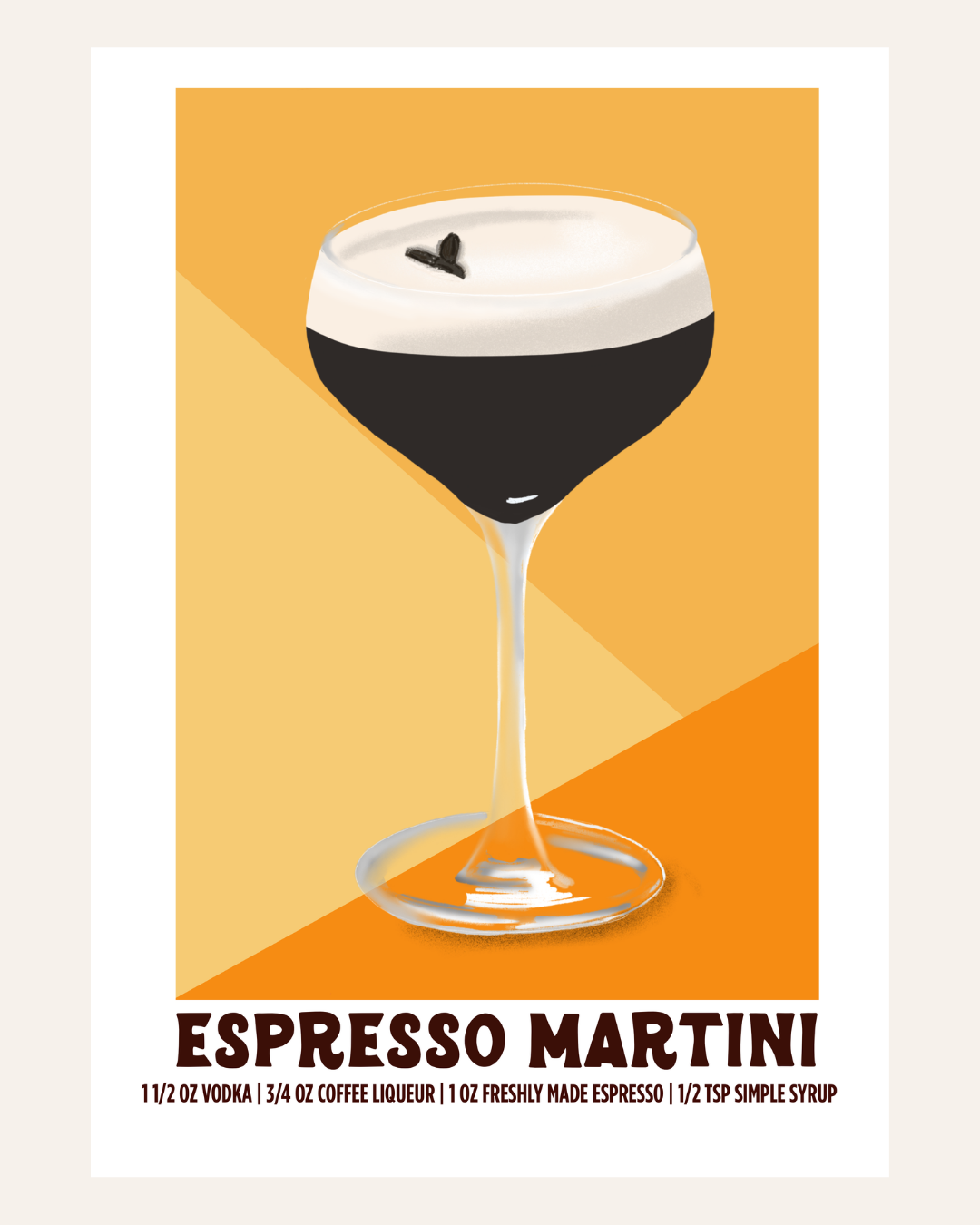 Espresso Martini cocktail poster illustration with recipe, yellow background