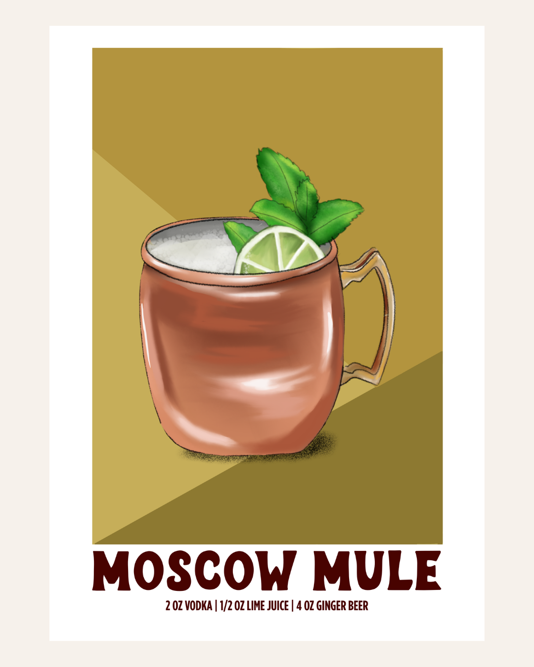 Moscow Mule cocktail poster illustration with recipe, golden background