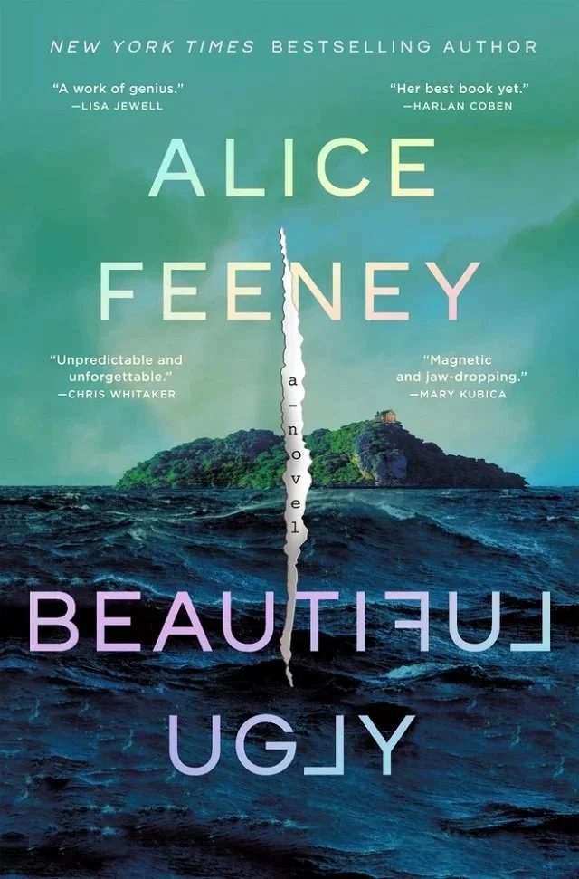 Cover of Beautiful Ugly by Alice Feeney, showing turbulent waves and a distant island, with the title vertically torn in half suggesting suspense and duality.