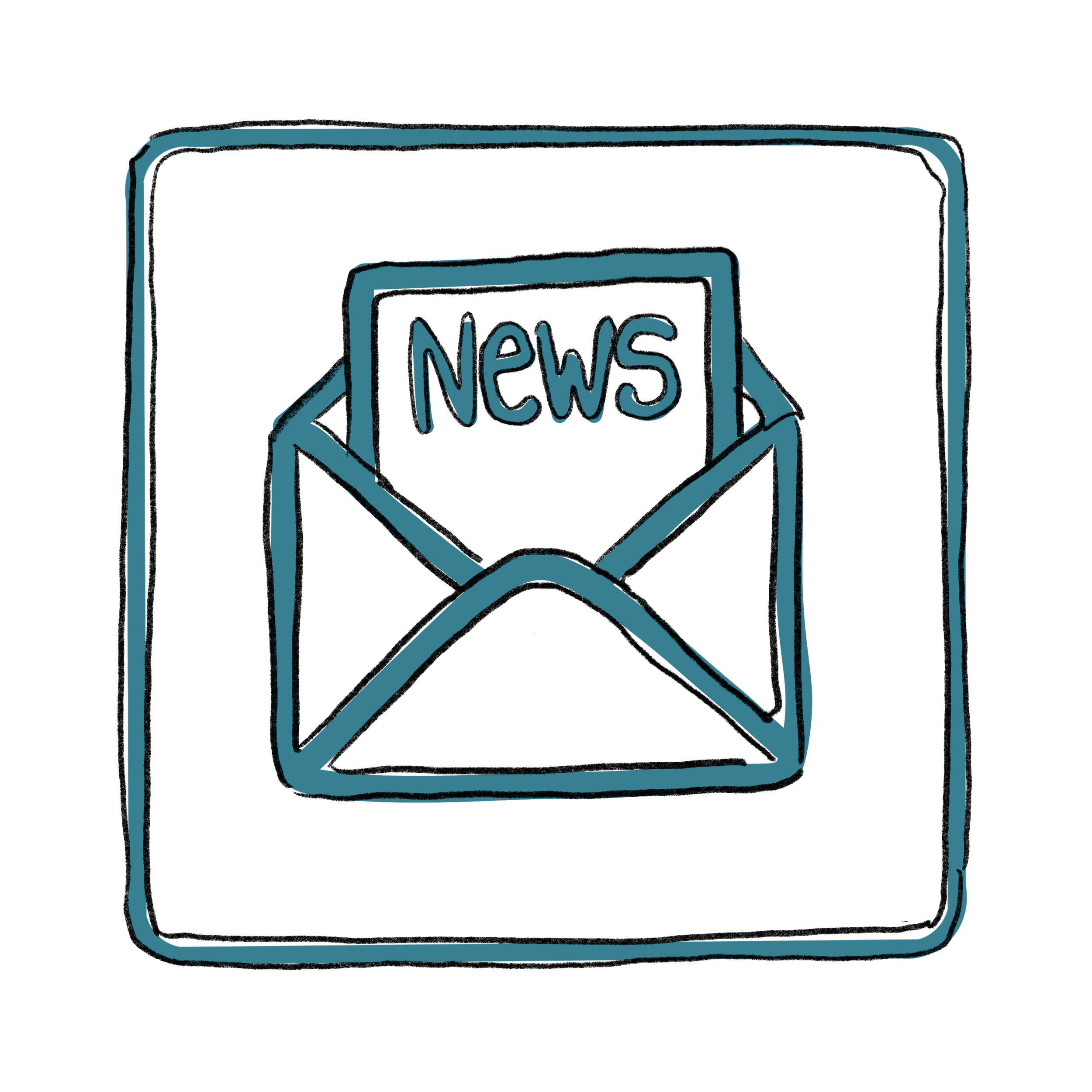 A digitally drawn icon of an open envelope containing a newspaper labeled 'NEWS' in blue and black lines.