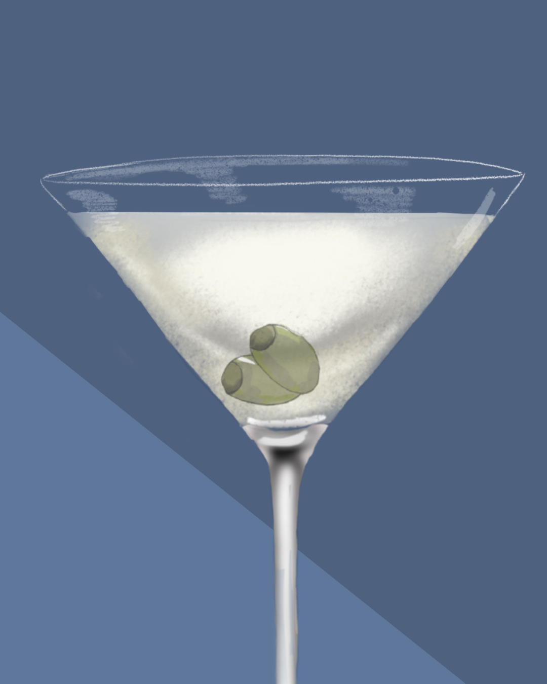 Close-up detail of the hand-illustrated Martini glass and olive garnish