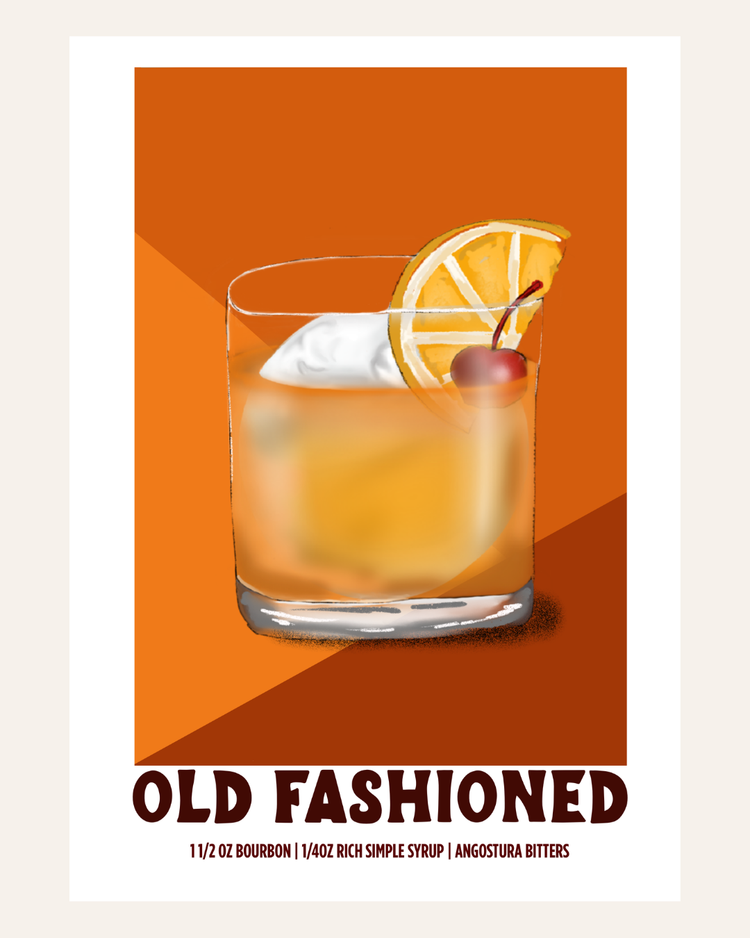 Old Fashioned cocktail poster illustration with recipe, teal background