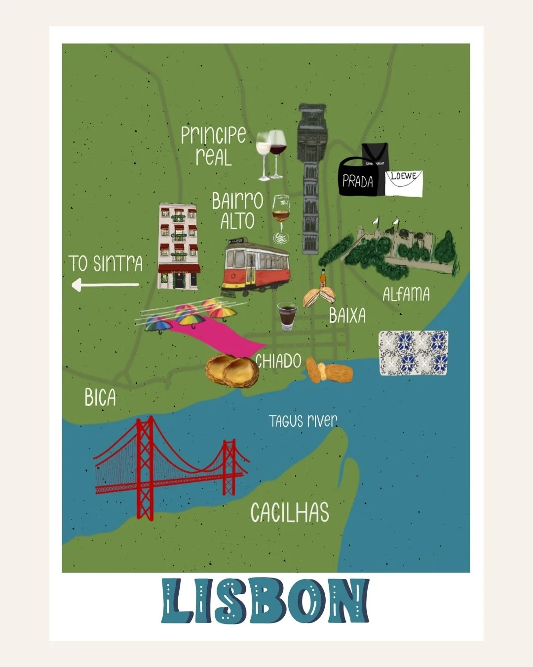 Lisbon illustrated city map art print, unframed