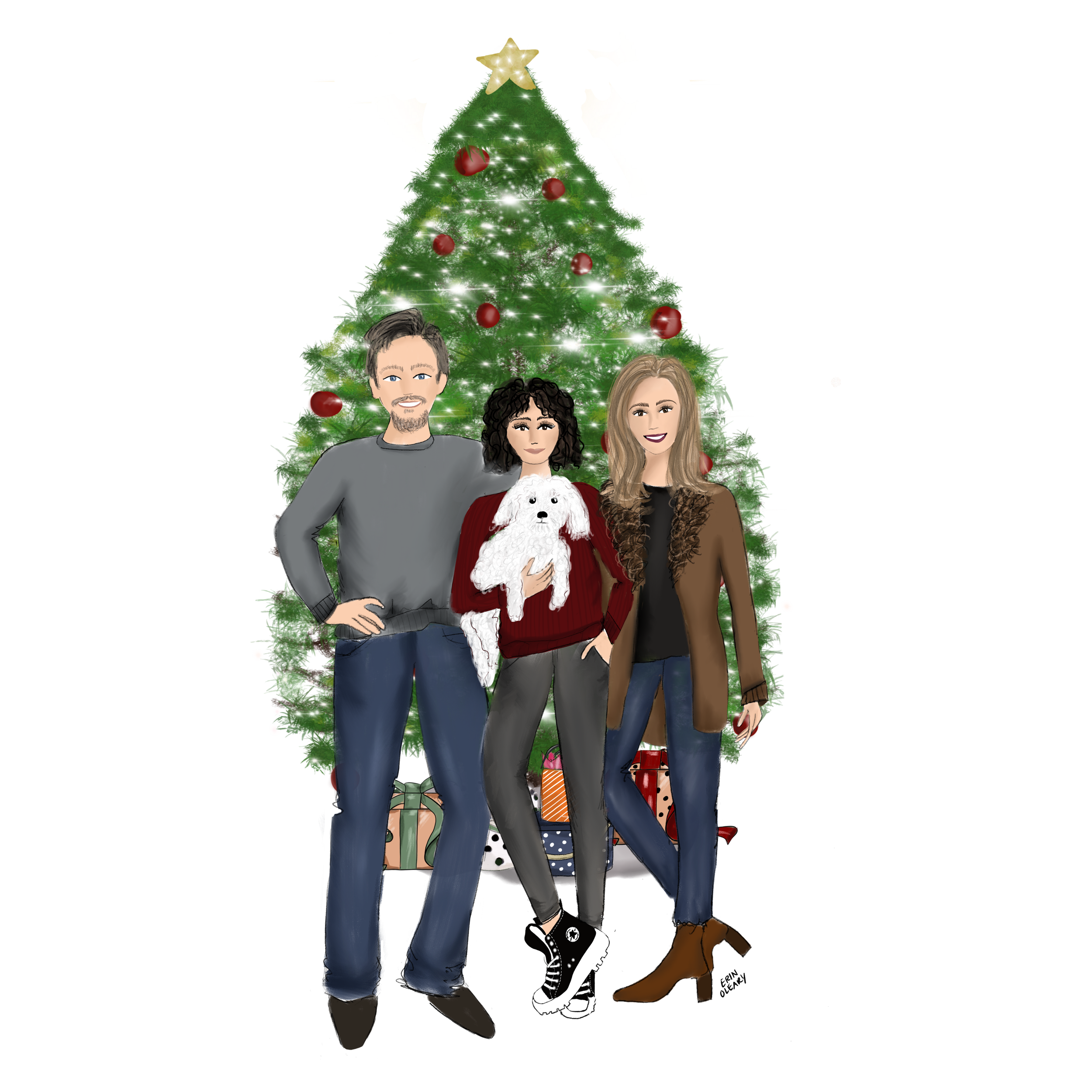 Illustrated holiday card featuring a family with their dog in front of a decorated Christmas tree. Custom artwork by Denim & Ink