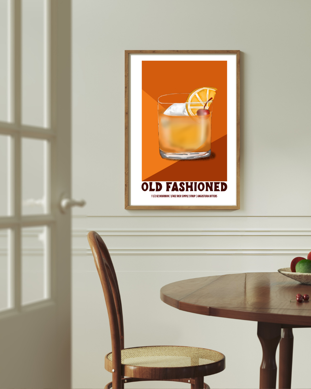 Old Fashioned cocktail art print styled above a home bar cart