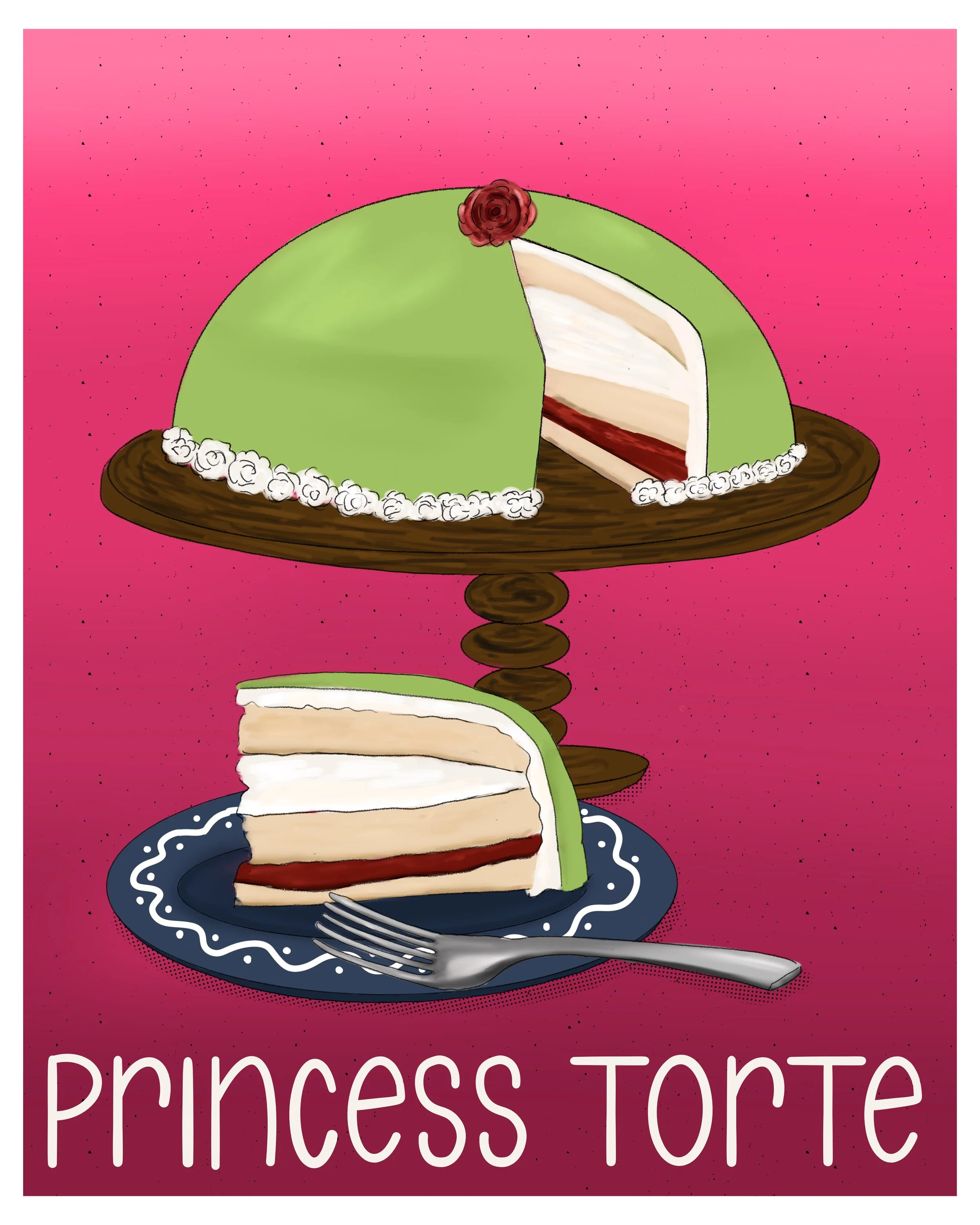 A dramatic illustrated art print of a Swedish princess torte - a layered sponge cake covered in a green marzipan with red rose on top, shown whole on a wooden cake stand a slice on a blue plate with fork against vivid pink background.