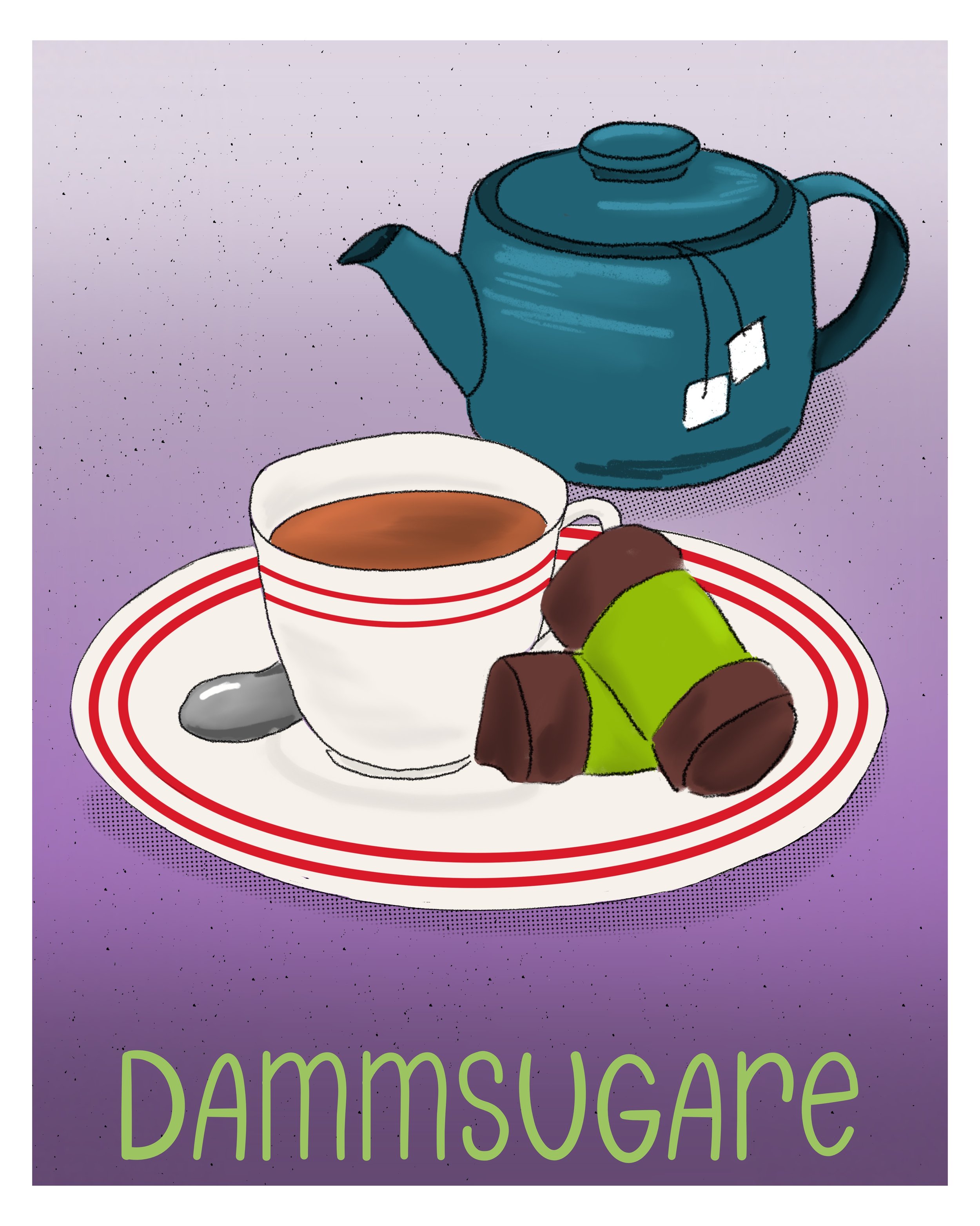 An illustrated poster of Swedish dammsugare - cylindrical pastries coated in green marzipan with dark chocolate ends on a red striped plate beside on a white tea cup and teal teapot on a soft purple background.