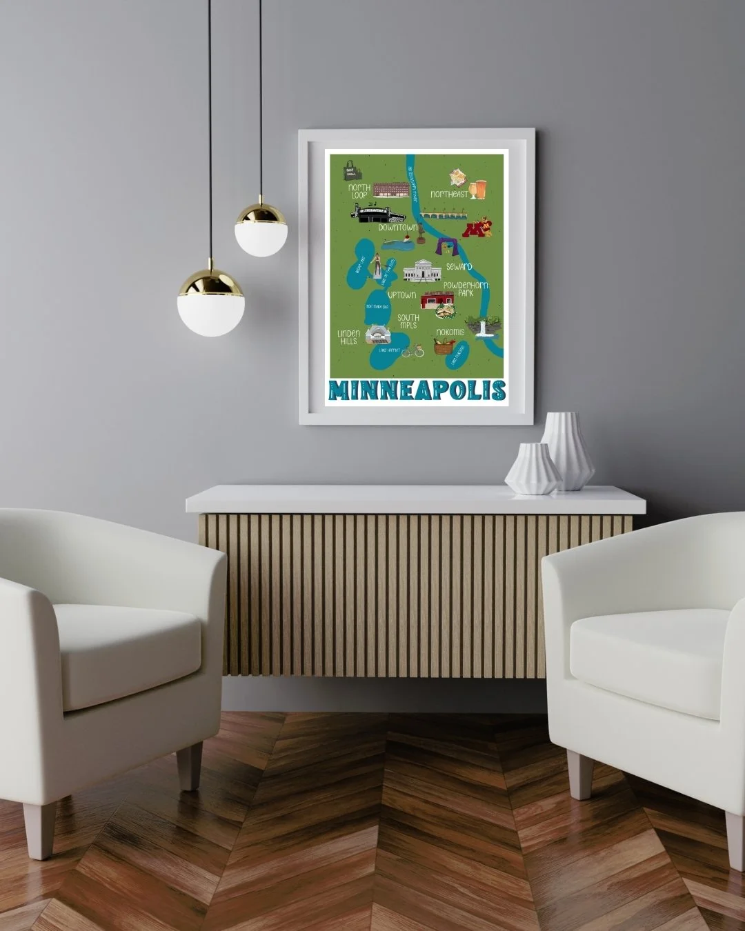 Minneapolis map print framed in a modern living room