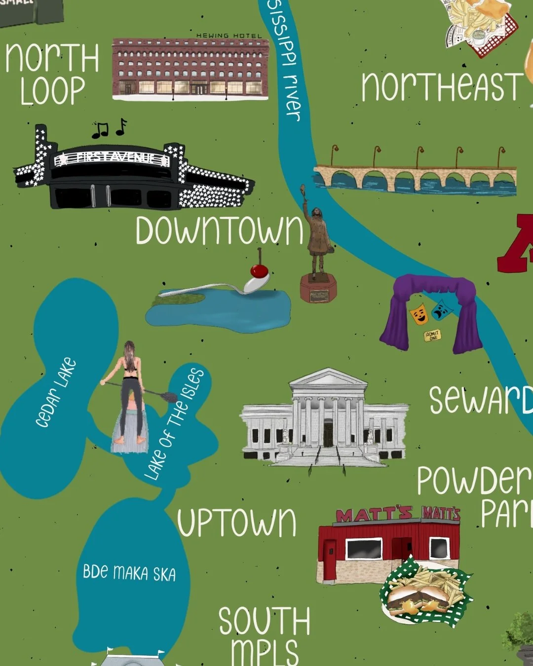 Close-up detail of hand-illustrated Minneapolis map print