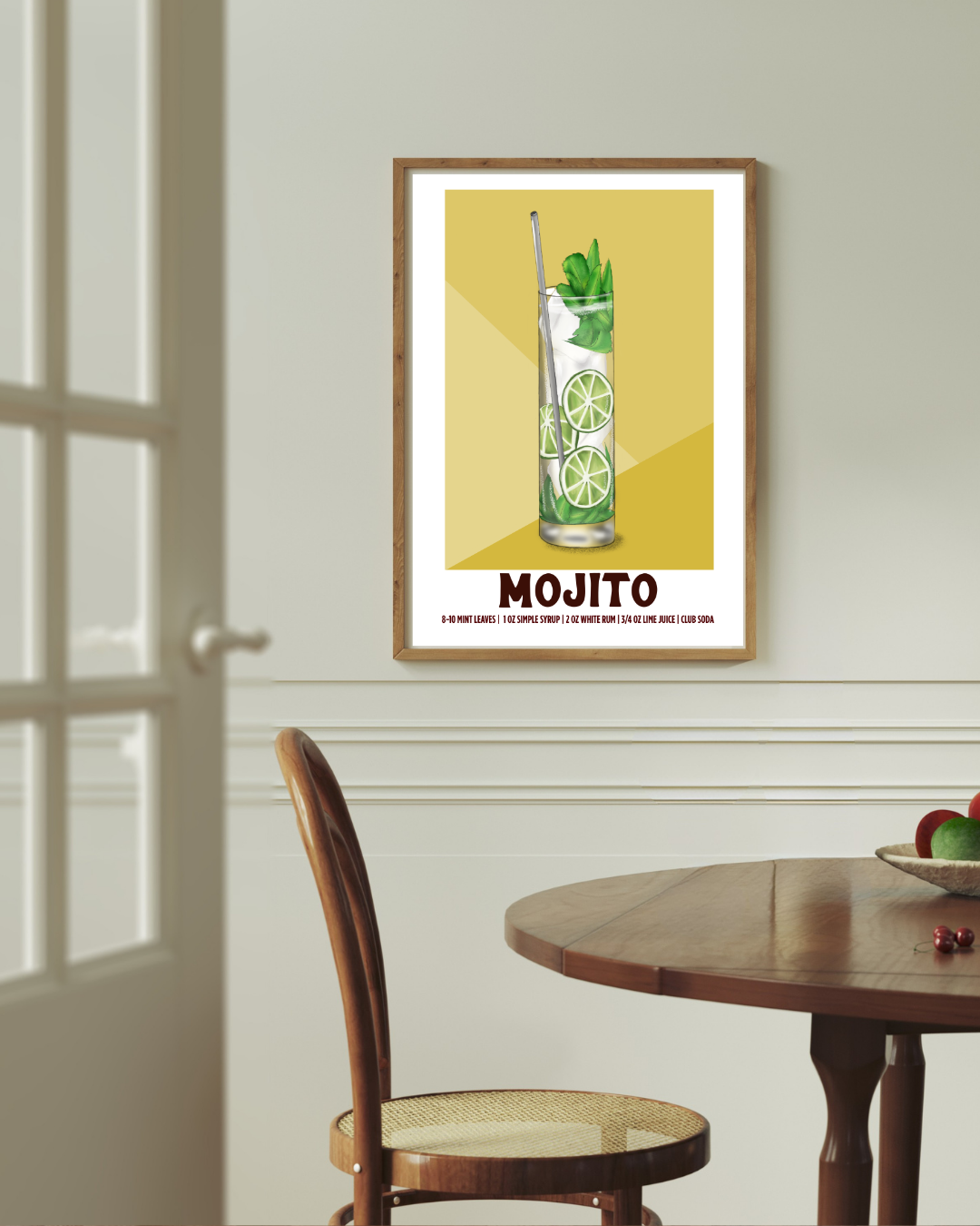 Mojito cocktail art print styled above a dining room table