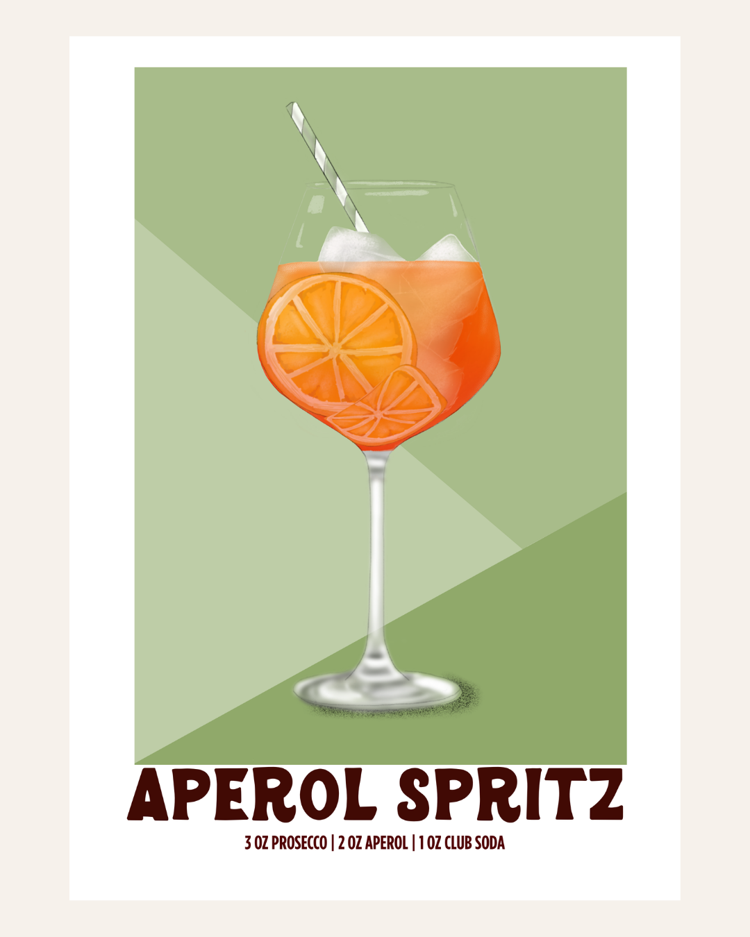Aperol Spritz cocktail poster illustration with recipe, green background