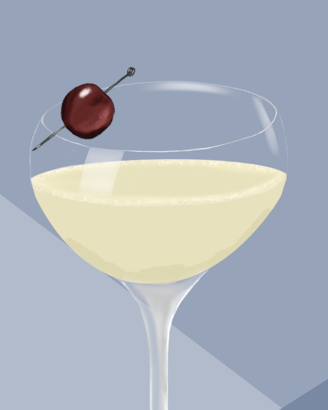 Close-up detail of the hand-illustrated Hemingway Daiquiri glass and cherry garnish