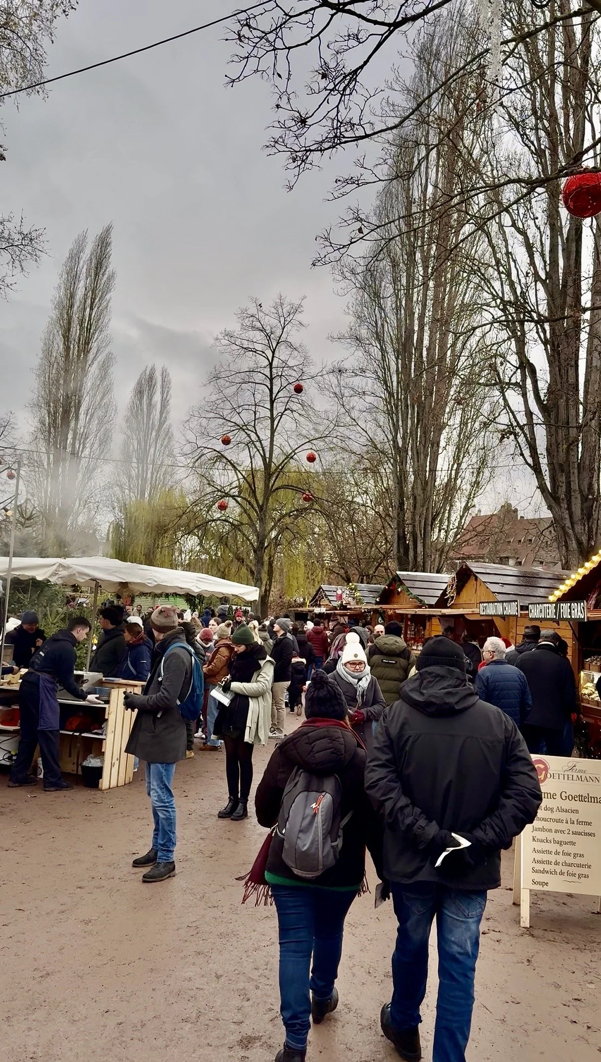 Outdoor Christmas market set along a riverside park in Strasbourg, with wooden food stalls, winter trees decorated with oversized ornaments, and groups of people exploring.
