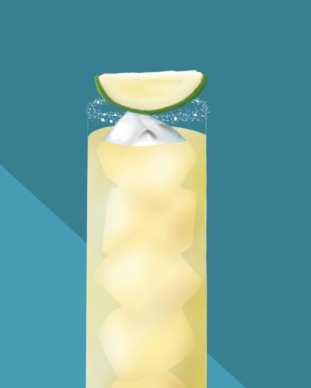Close-up detail of the hand-illustrated Paloma glass and lime garnish