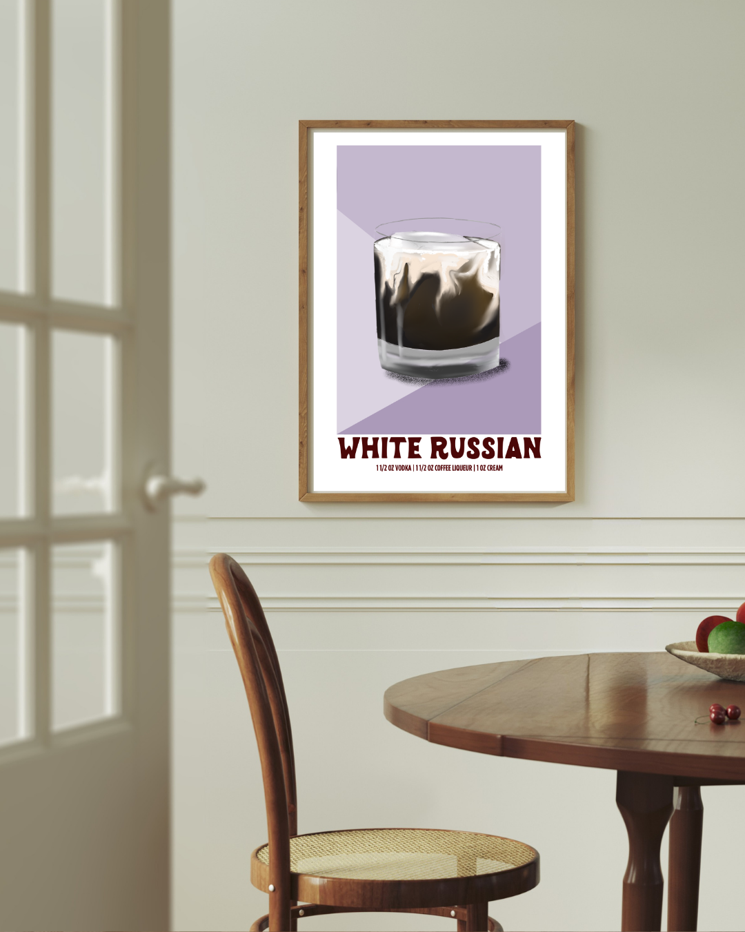 White Russian cocktail art print styled above a dining room table