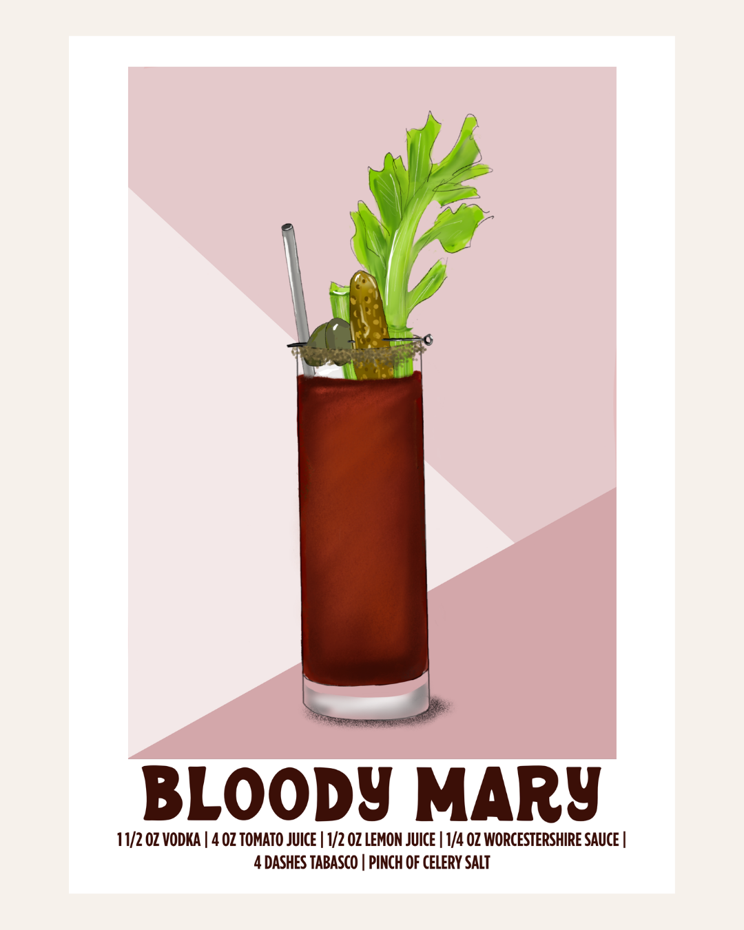 Bloody Mary cocktail poster illustration with recipe, pink background