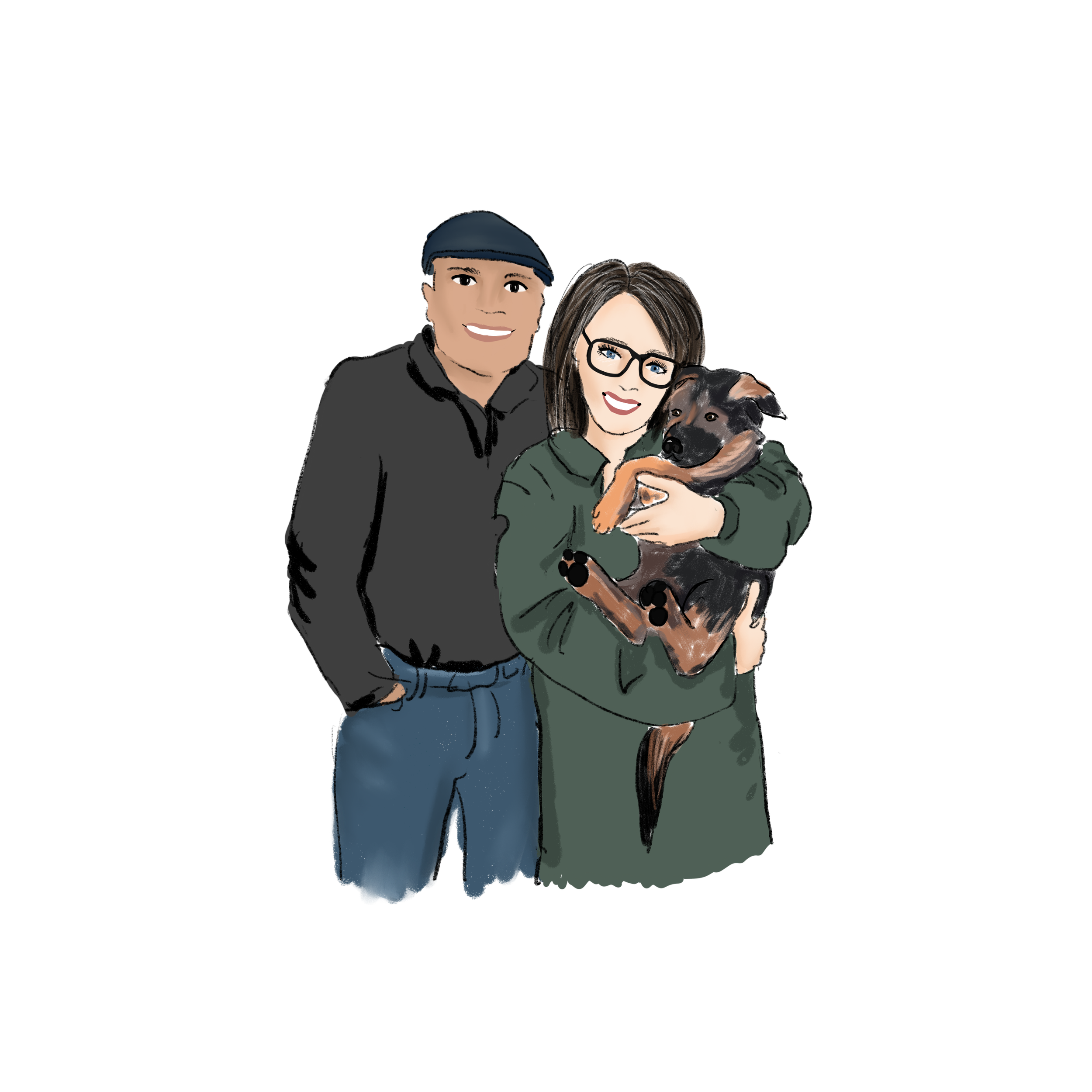 Custom holiday card illustration of a smiling couple holding their dog. Personalized milestone portraits by Denim & Ink.