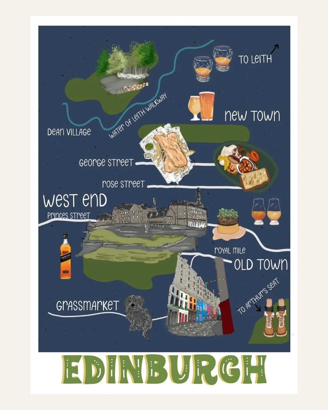 Edinburgh illustrated city map art print, unframed