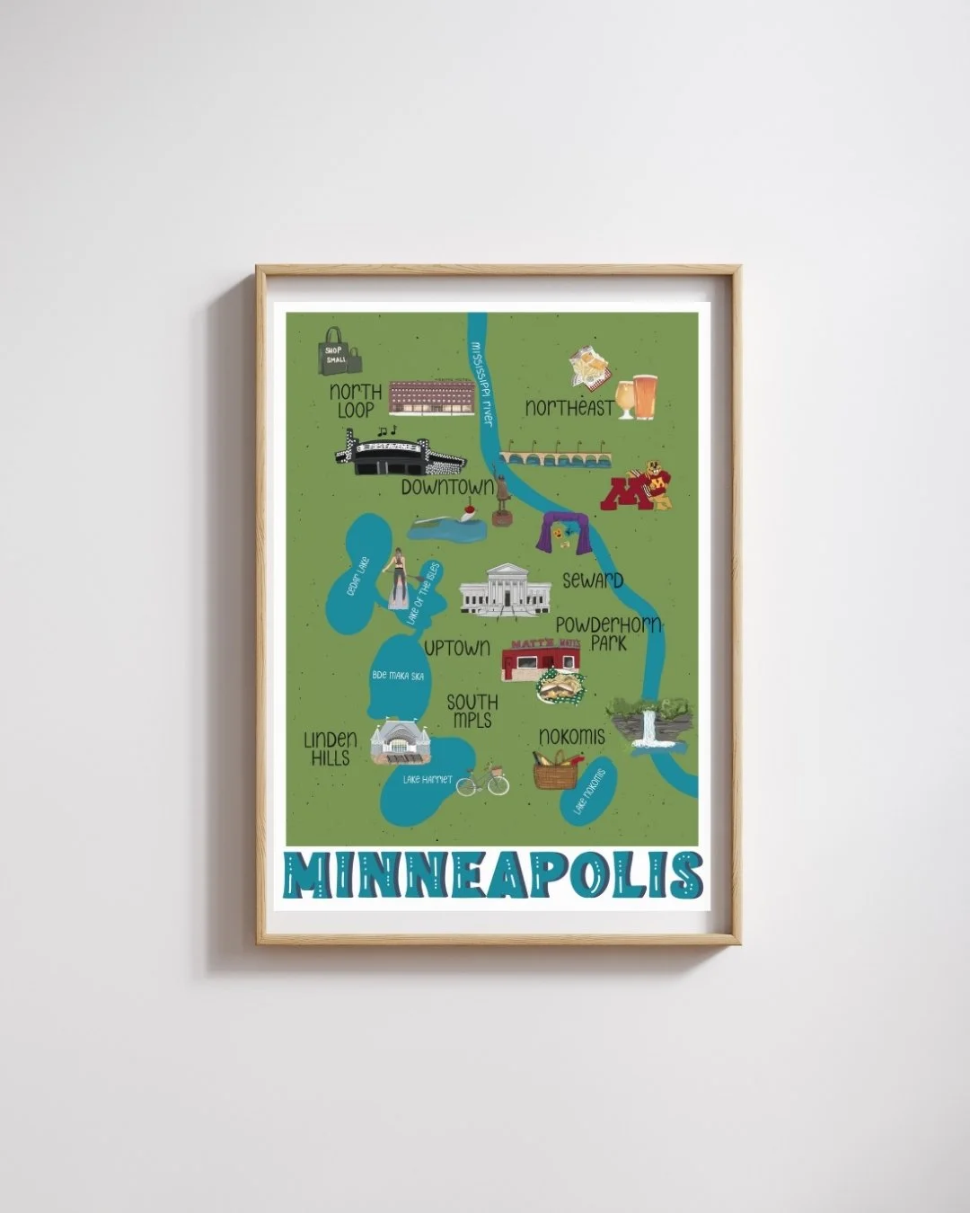 Framed Minneapolis illustrated map print by Denim & Ink