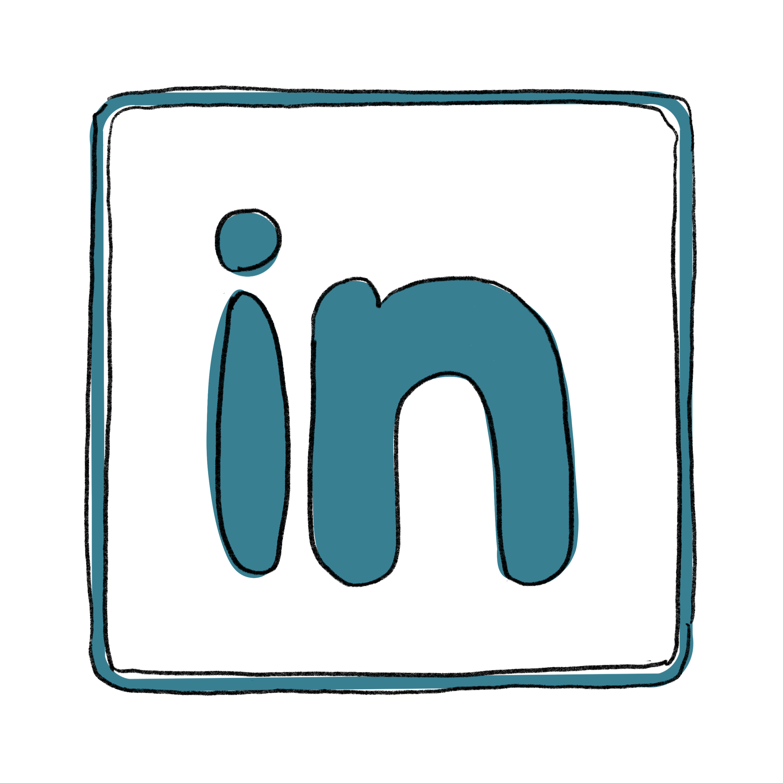 Hand-drawn LinkedIn logo with a black background and a blue square border, featuring a lowercase 'in' in the center.