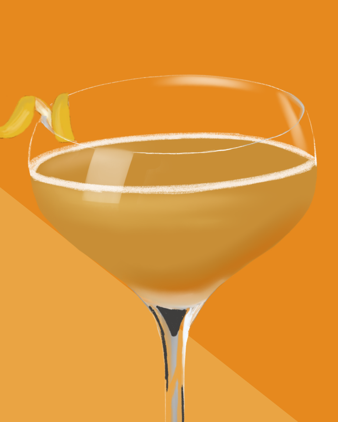 Close-up detail of the hand-illustrated Sidecar glass and lemon peel garnish
