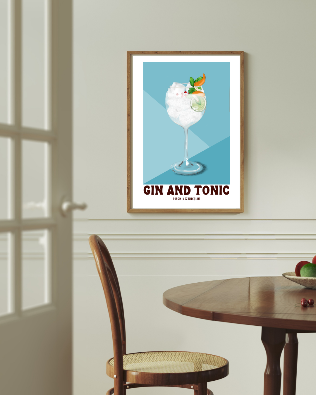 Gin & Tonic cocktail art print styled above a dining room table