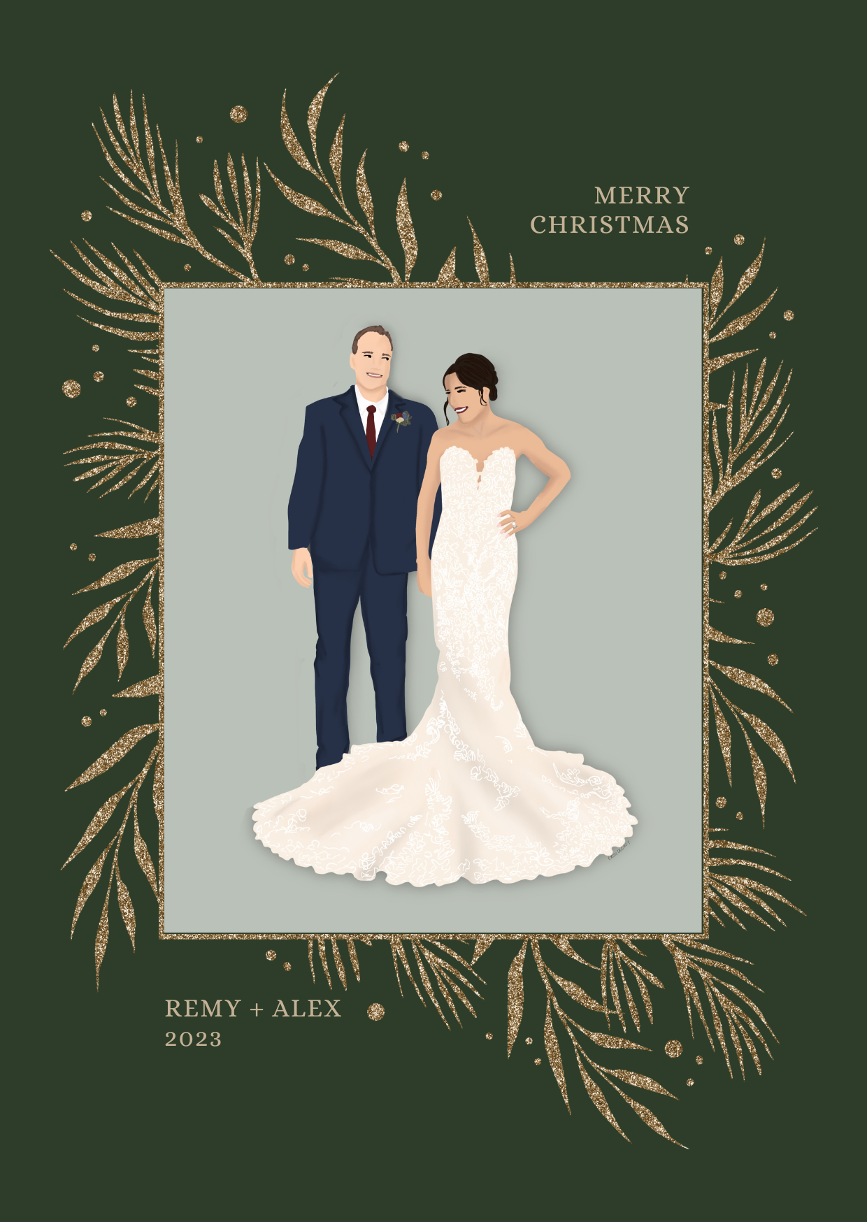 Illustrated Christmas card featuring a bride in a lace wedding gown and groom in a navy suit, framed by gold glittery holiday branches on a dark green background with the message “Merry Christmas.