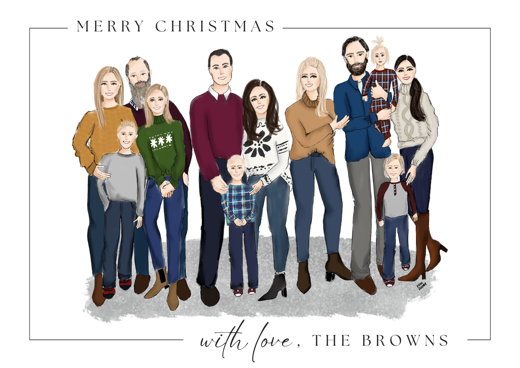 Illustrated family holiday card with a large group of adults and children dressed in winter outfits, posed together with “Merry Christmas” and “With love, The Browns” text.