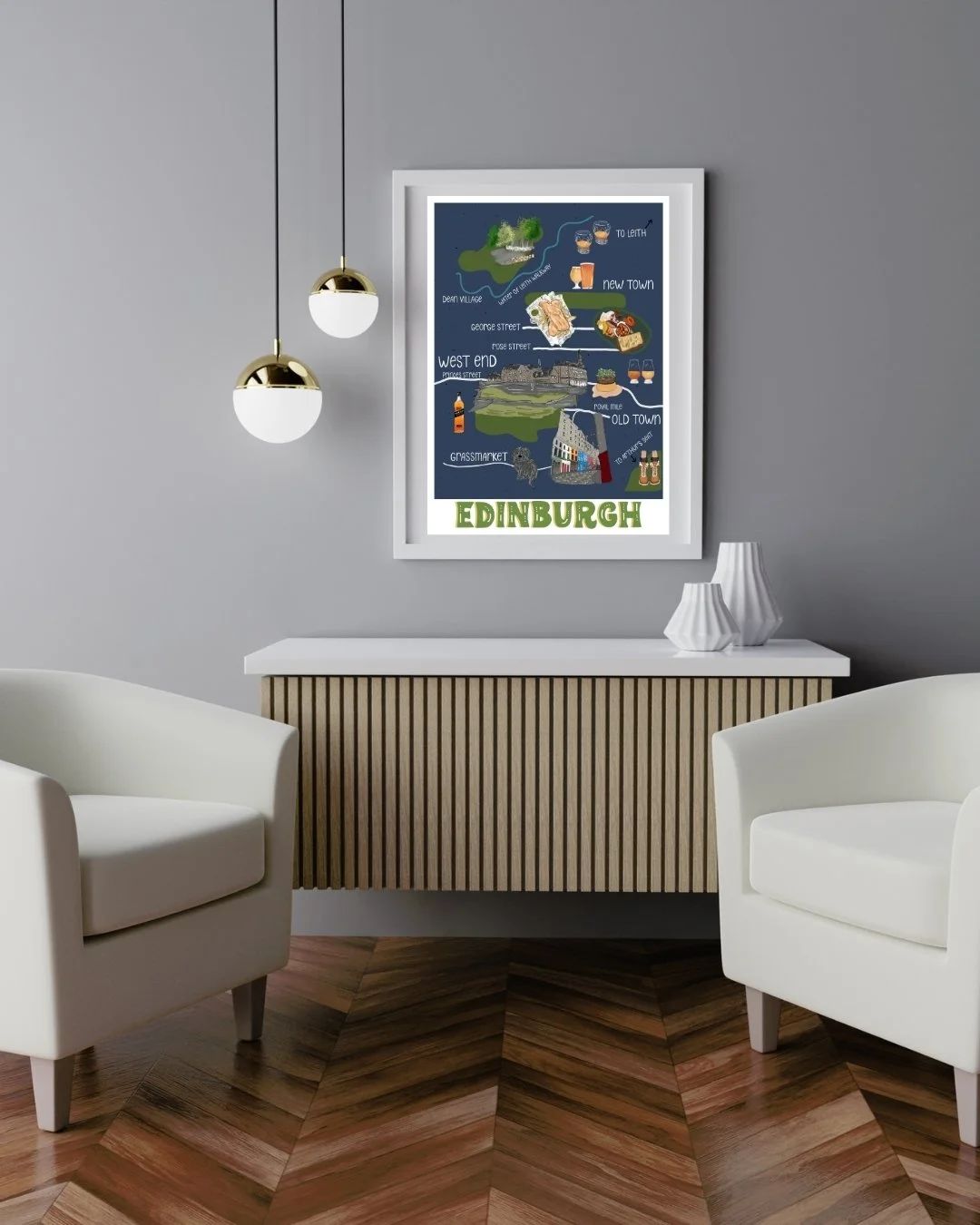 Edinburgh map print framed in a modern living room