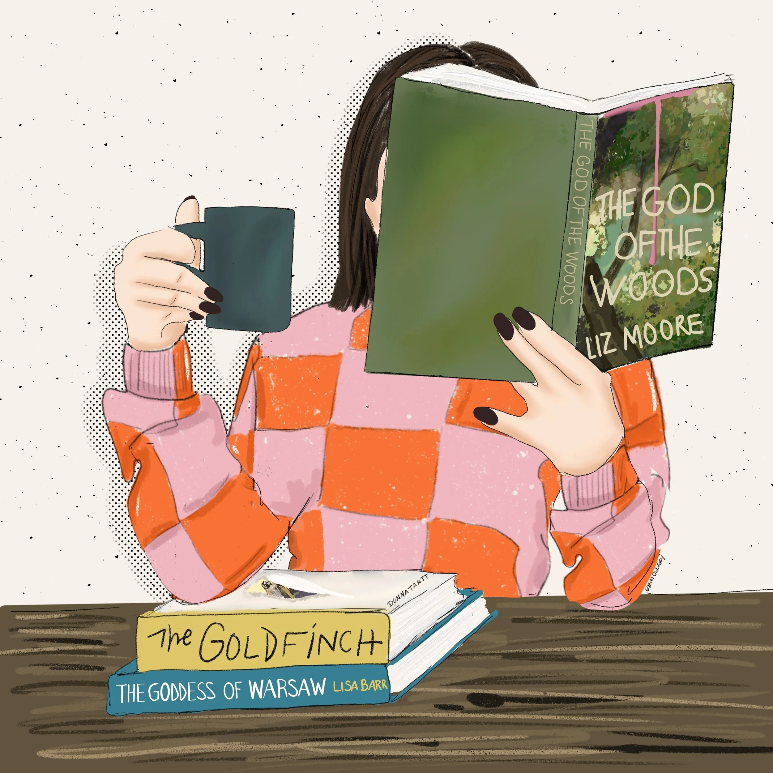Illustrated woman in orange checkered sweater reading The God of the Woods with coffee mug in hand, books The Goldfinch and The Goddess of Warsaw stacked on table.