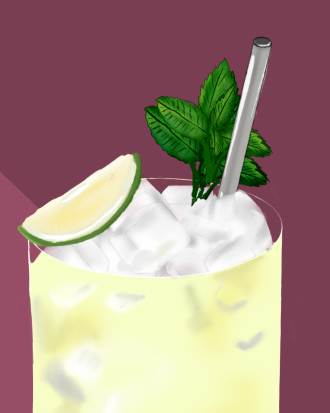 Close-up detail of the hand-illustrated Mai Tai glass and lime garnish