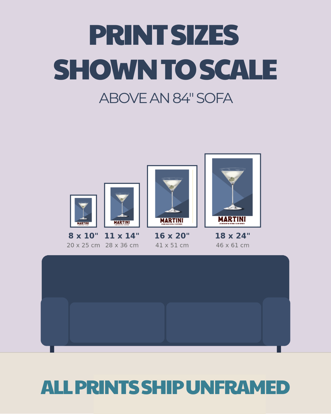Size comparison chart for cocktail prints: 8x10, 11x14, 16x20, 18x24