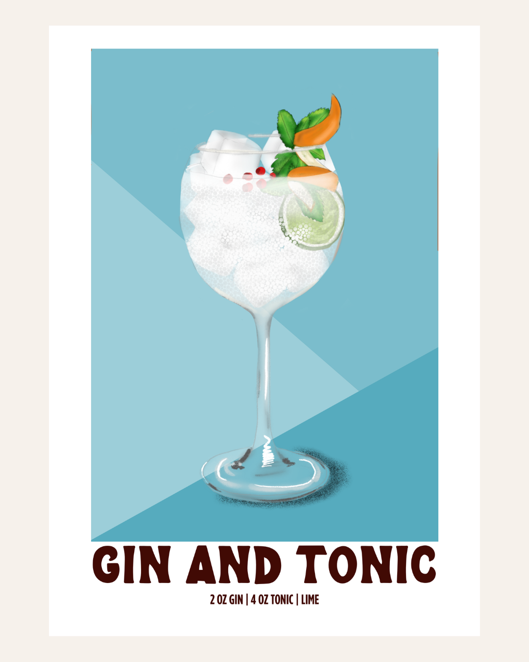 Gin & Tonic cocktail poster illustration with recipe, blue background