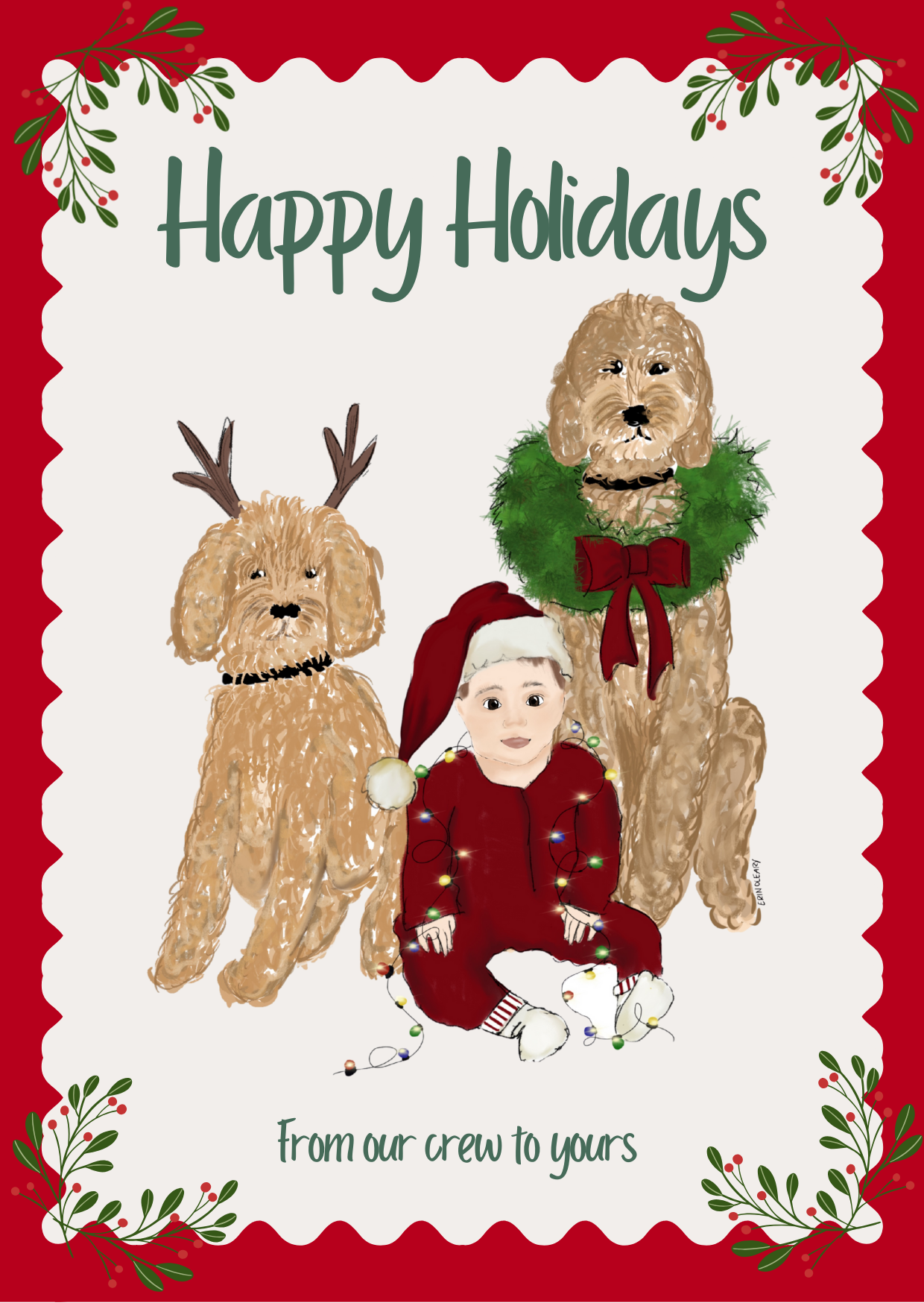 Illustrated holiday card with a baby in a Santa outfit surrounded by two doodle dogs dressed with holiday accessories, framed by red scalloped edges and mistletoe accents.