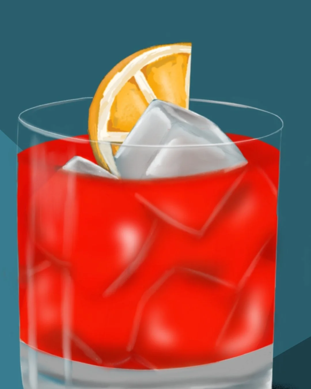 Close-up detail of the hand-illustrated Negroni glass and orange garnish