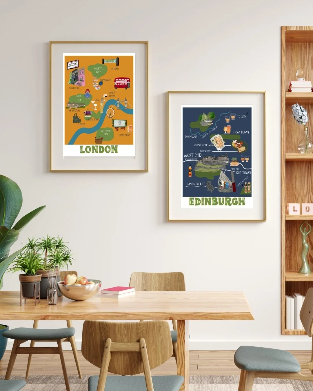 London and Edinburgh map prints as a gallery wall