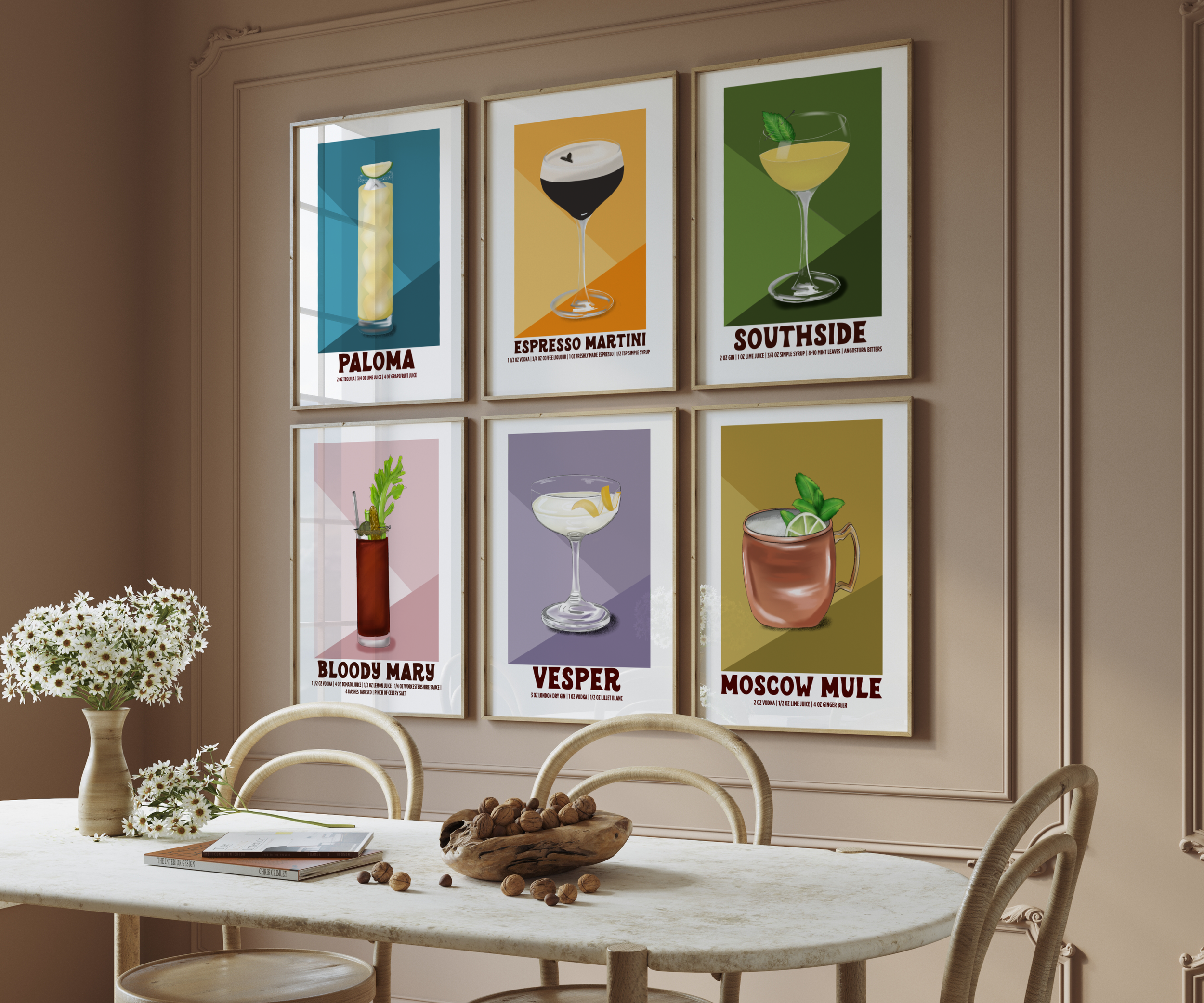 Gallery wall of illustrated cocktail prints including the Espresso Martini