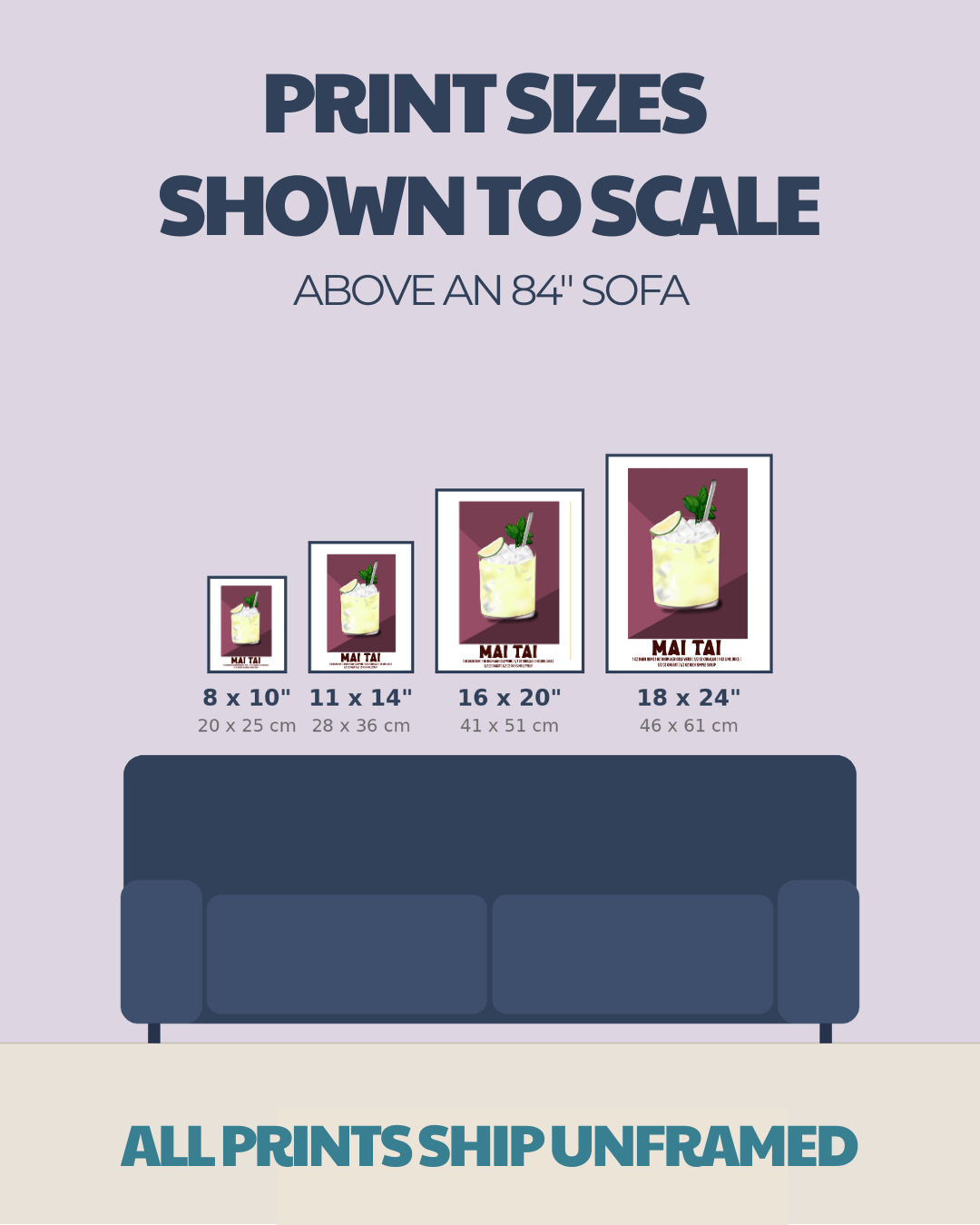 Size comparison chart for cocktail prints: 8x10, 11x14, 16x20, 18x24