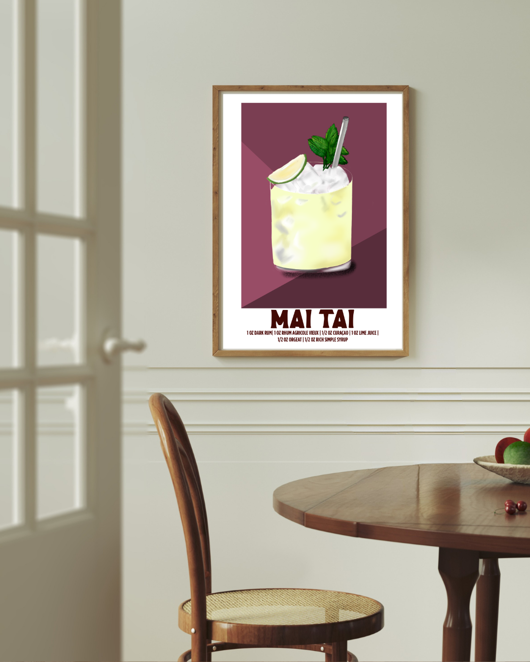 Mai Tai cocktail art print styled above a dining room table