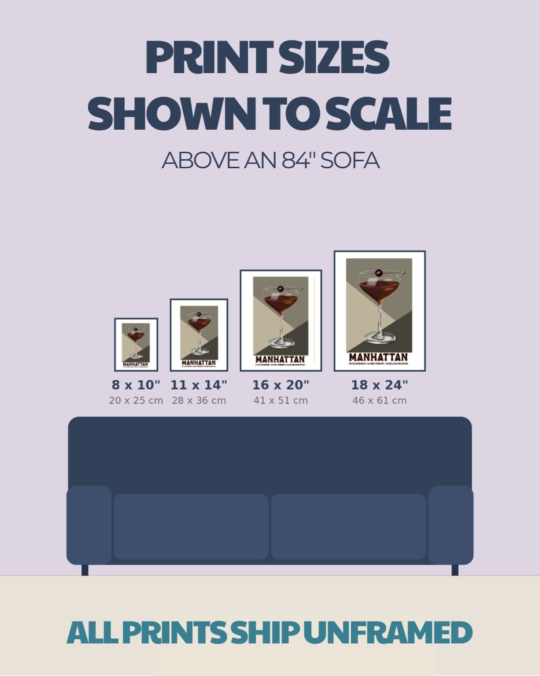Size comparison chart for cocktail prints: 8x10, 11x14, 16x20, 18x24