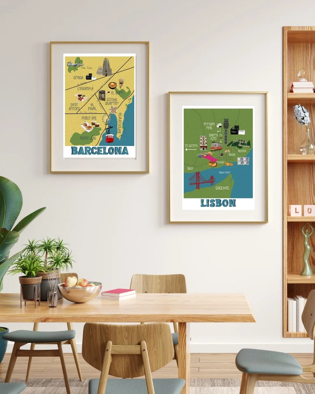 Barcelona and Libson map prints as a gallery wall