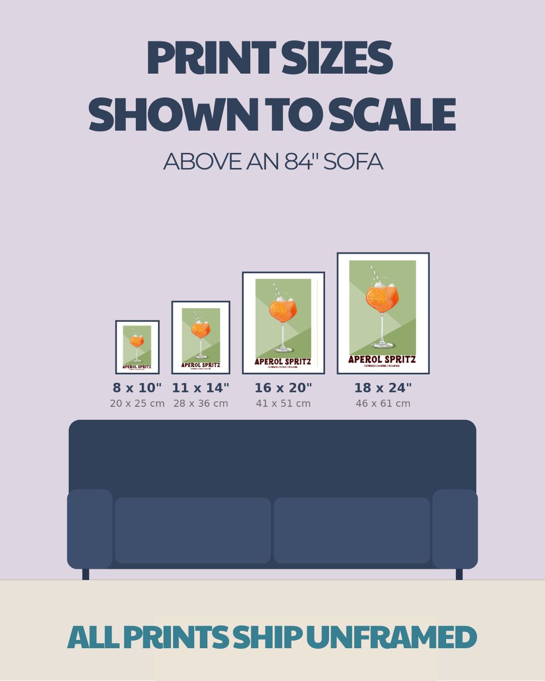 Size comparison chart for cocktail prints: 8x10, 11x14, 16x20, 18x24
