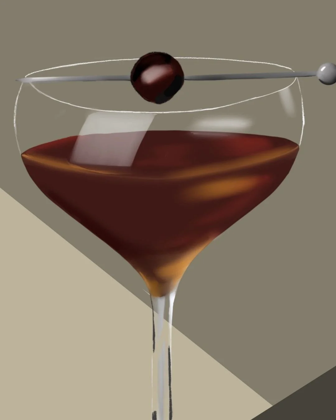 Close-up detail of the hand-illustrated Manhattan glass and cherry garnish