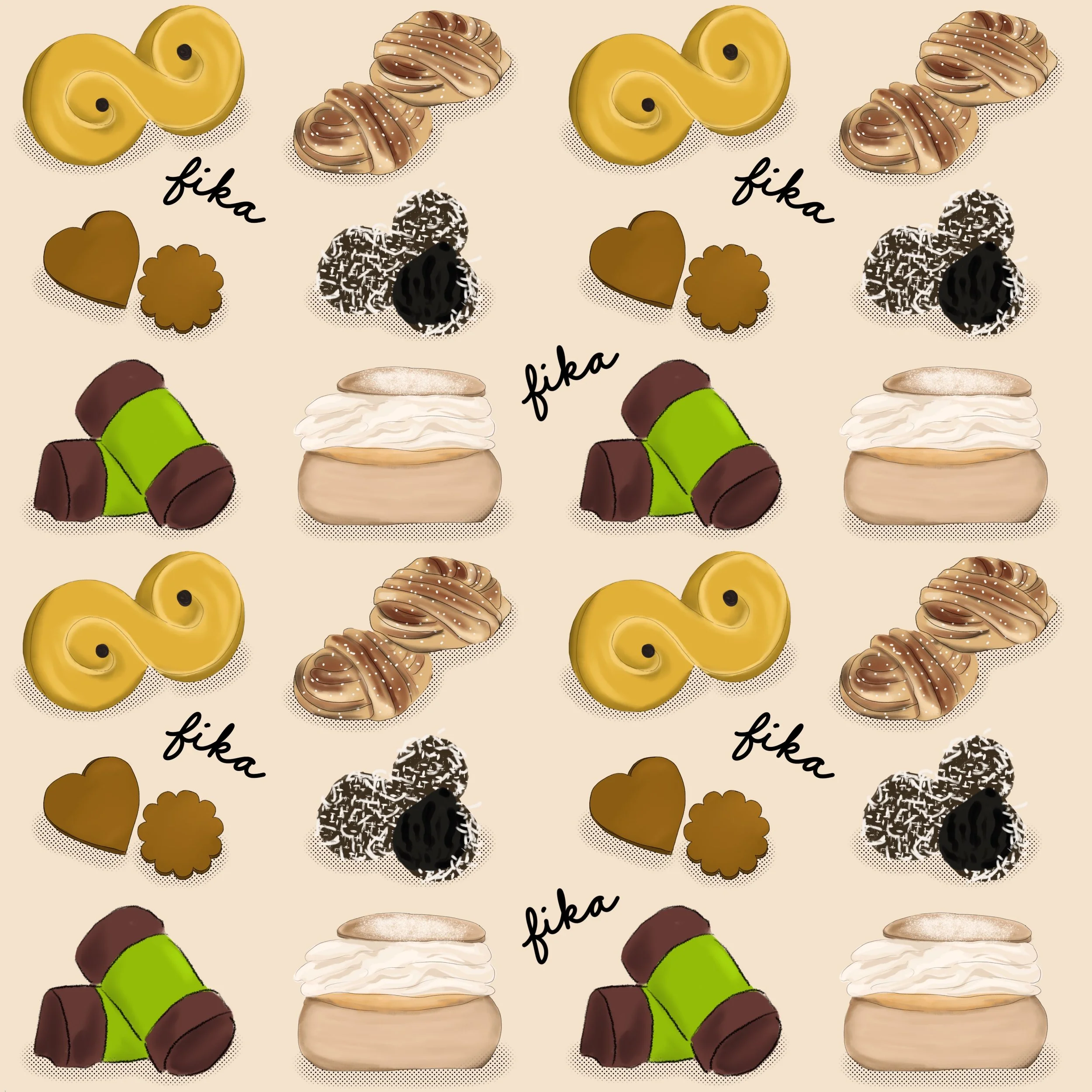 A seamless illustrated repeat pattern featuring Swedish fika pastries - kanelbullar, chokladbollar, semla, dammsugre, and heart shaped cookies - with the word fika hand-lettered throughout, on a warm cream background. Surface pattern by Erin OLeary.