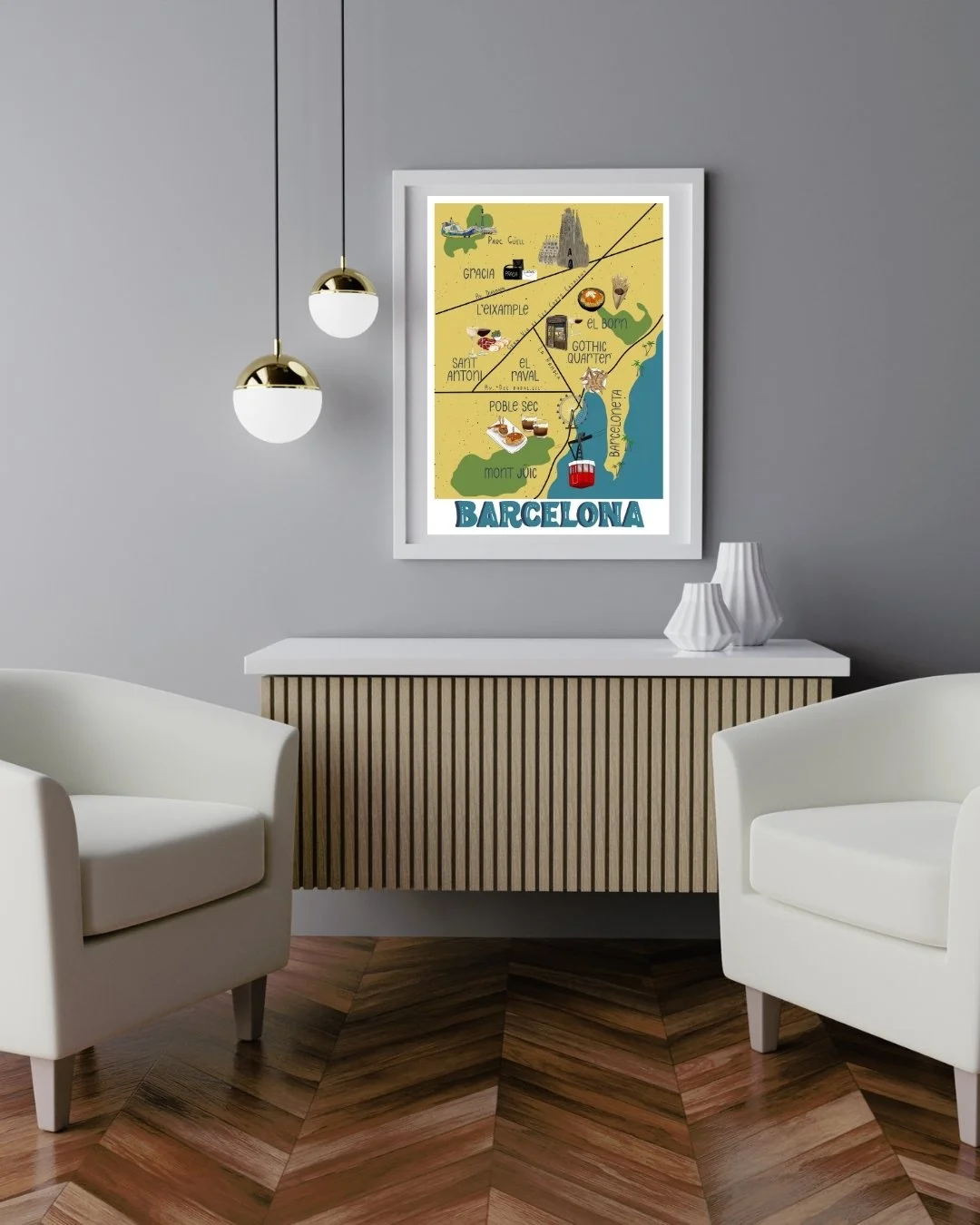 Barcelona map print framed in a modern living room
