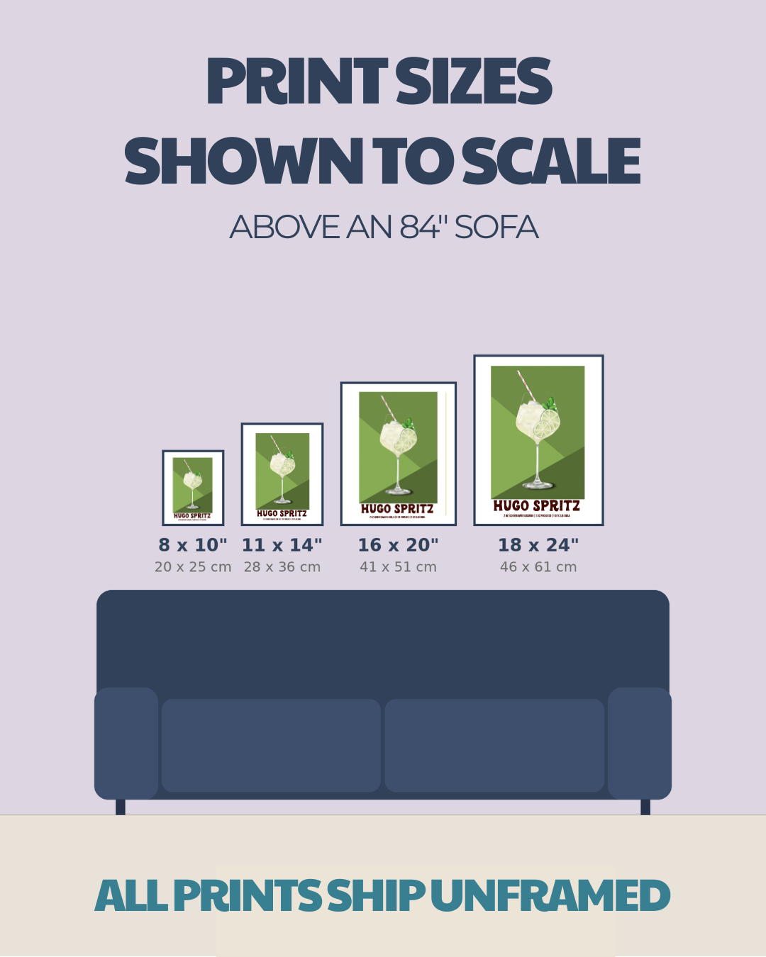 Size comparison chart for cocktail prints: 8x10, 11x14, 16x20, 18x24